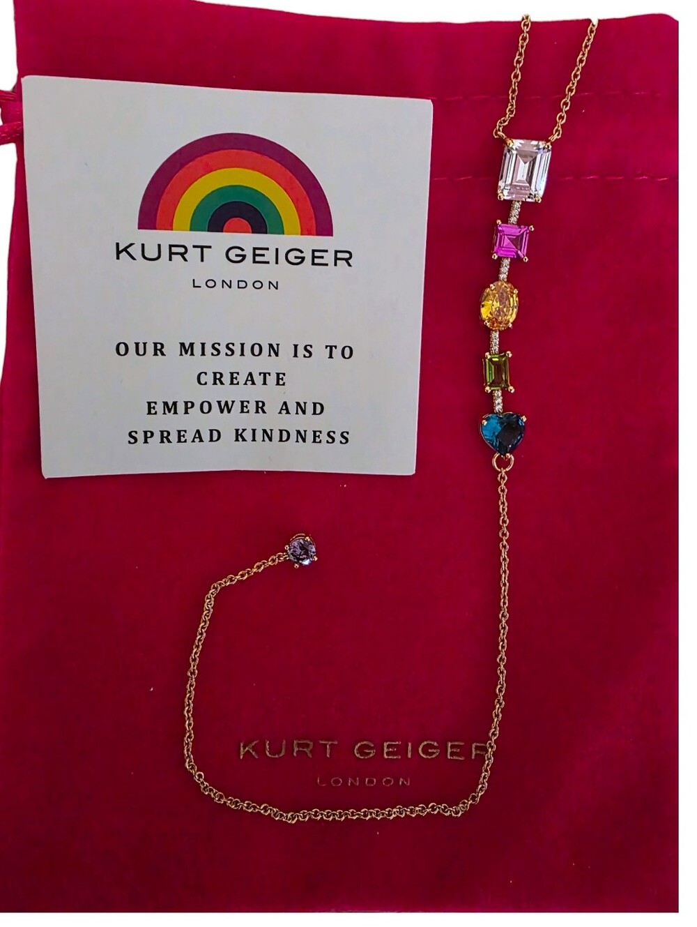 NEW Kurt Geiger Rainbow Mix Necklace Lariat Y Long Gold Chain Multicolor Crystal